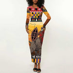Afro Christmas in Kenya Safari Long Sleeve Bodycon Dress Black Santa Riding Rhinoceros - African Pride