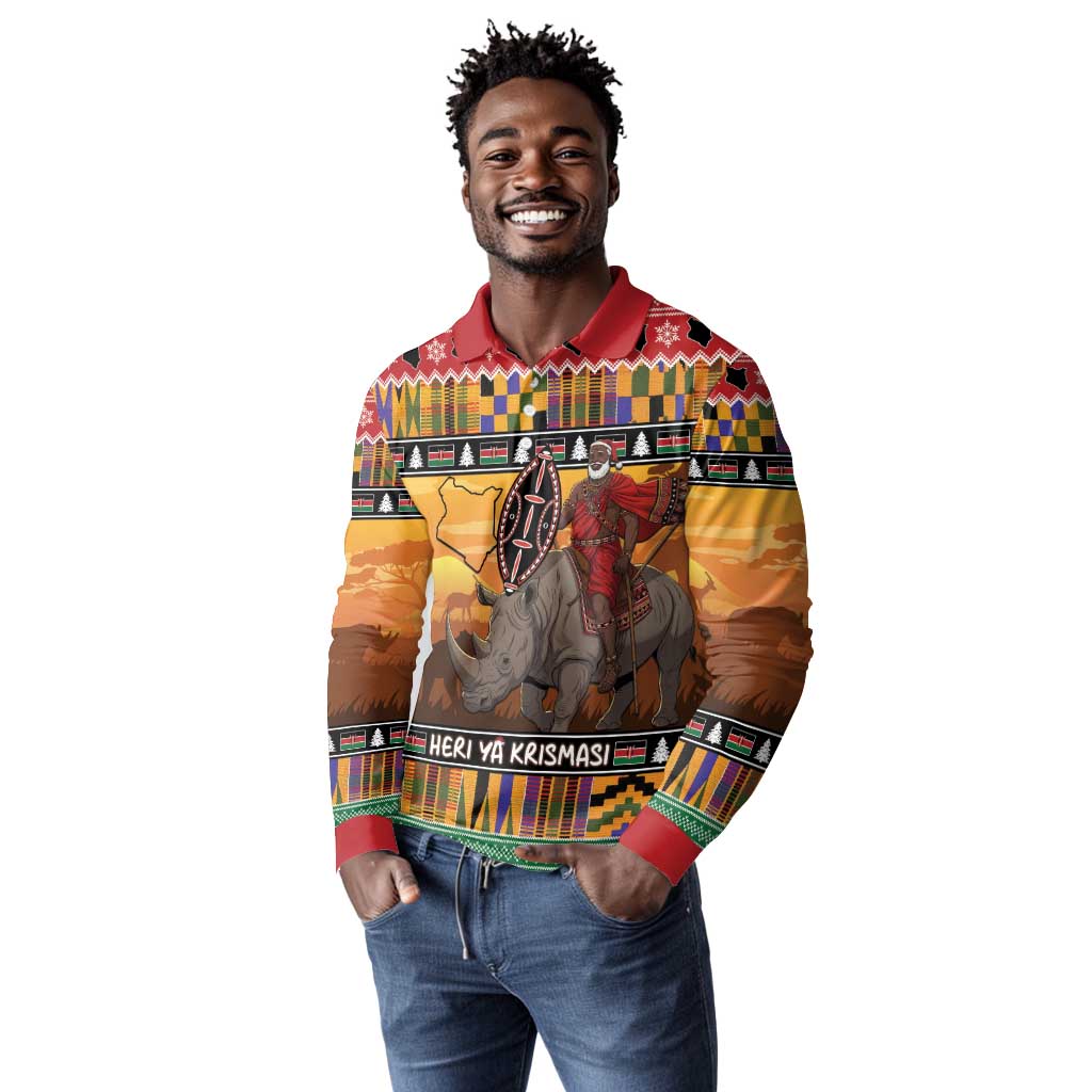 Afro Christmas in Kenya Safari Long Sleeve Polo Shirt Black Santa Riding Rhinoceros - African Pride