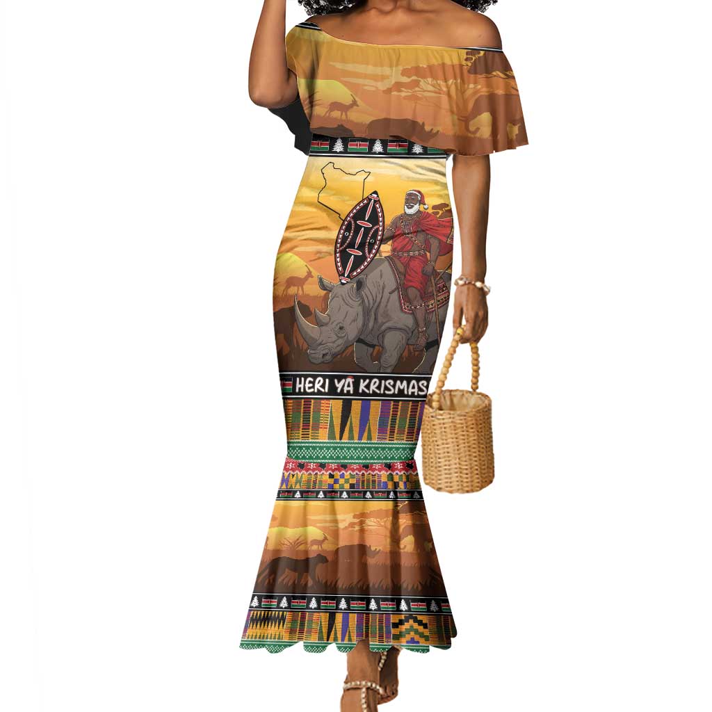 Afro Christmas in Kenya Safari Mermaid Dress Black Santa Riding Rhinoceros - African Pride