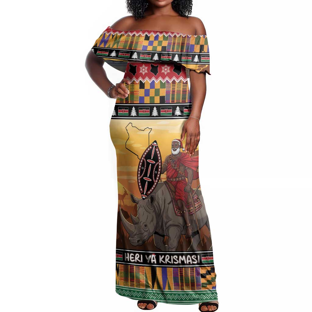 Afro Christmas in Kenya Safari Off Shoulder Maxi Dress Black Santa Riding Rhinoceros - African Pride