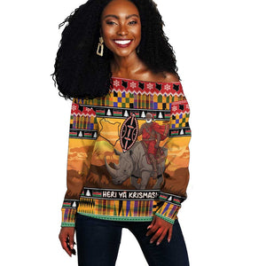 Afro Christmas in Kenya Safari Off Shoulder Sweater Black Santa Riding Rhinoceros - African Pride
