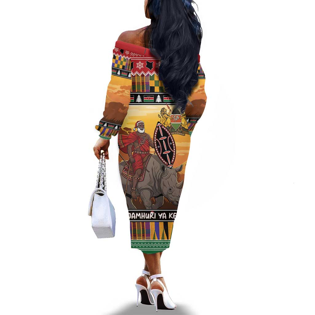 Afro Christmas in Kenya Safari Off The Shoulder Long Sleeve Dress Black Santa Riding Rhinoceros - African Pride