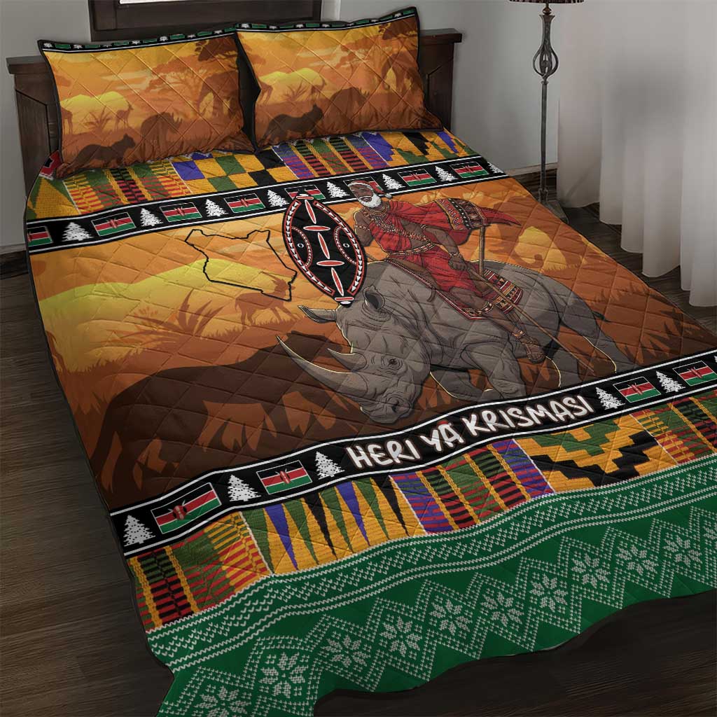 Afro Christmas in Kenya Safari Quilt Bed Set Black Santa Riding Rhinoceros - African Pride