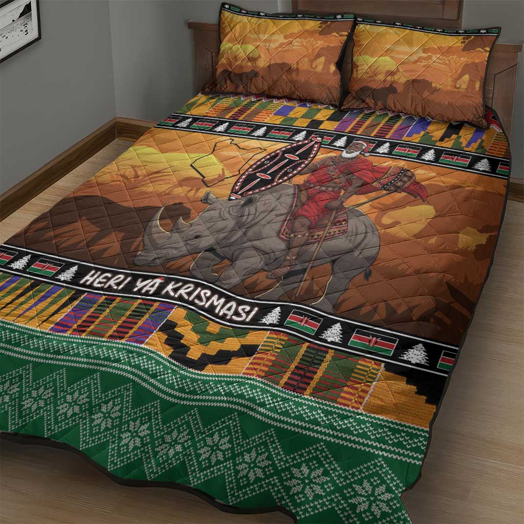 Afro Christmas in Kenya Safari Quilt Bed Set Black Santa Riding Rhinoceros - African Pride