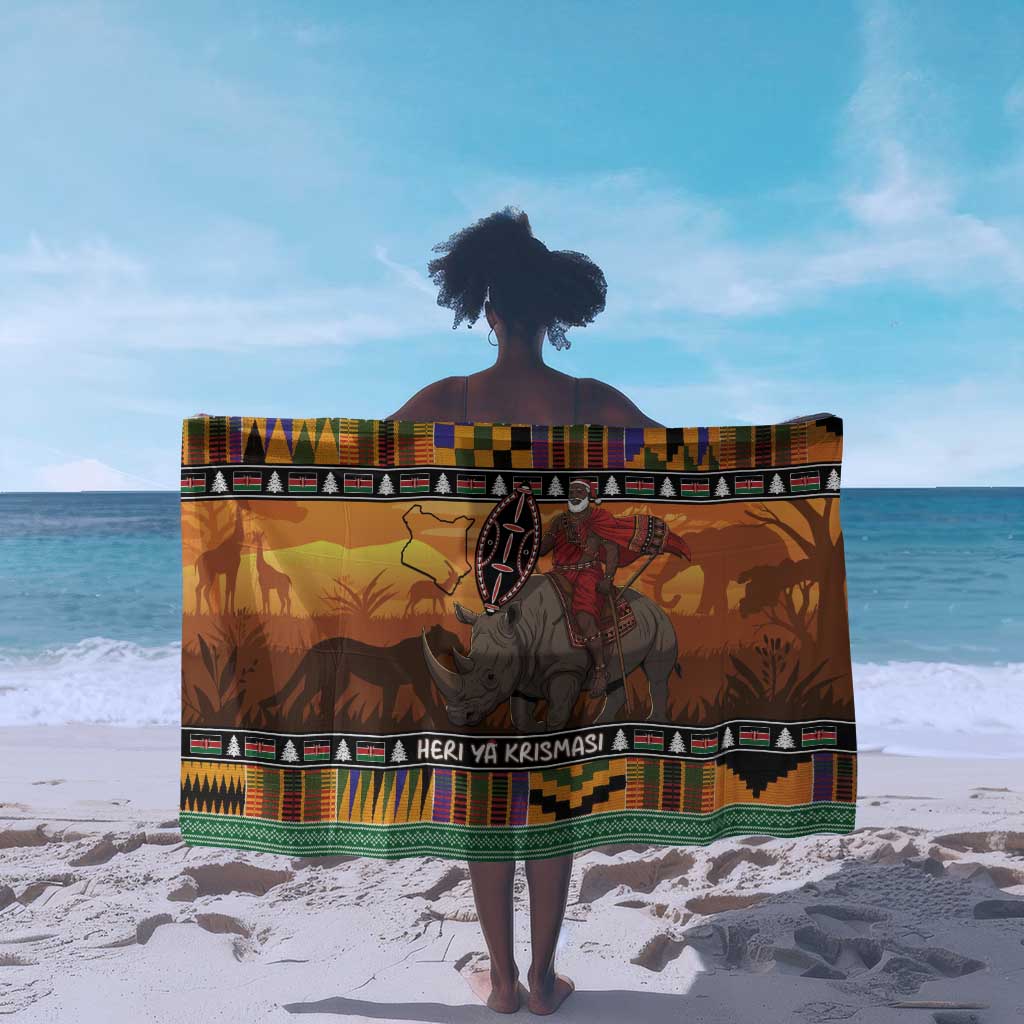 Afro Christmas in Kenya Safari Sarong Black Santa Riding Rhinoceros - African Pride