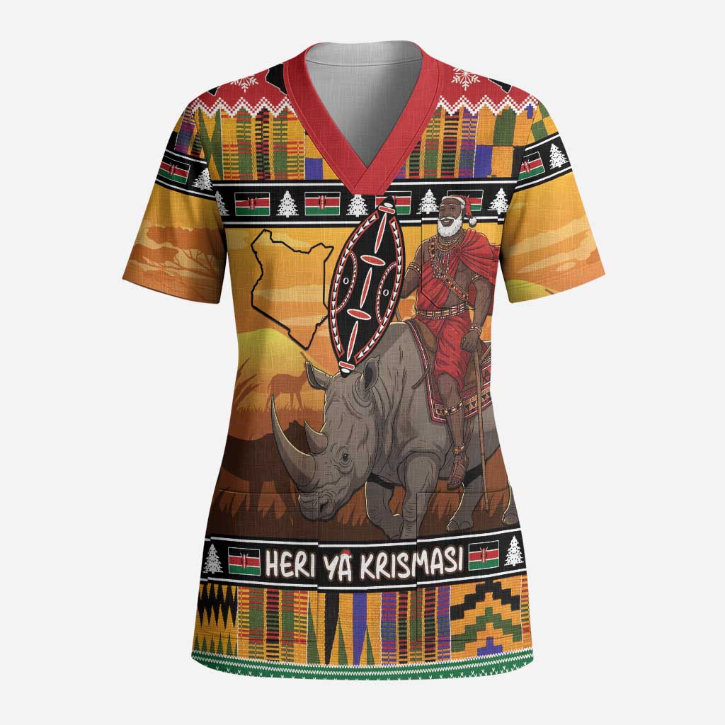 Kenya Safari Christmas Scrub Top Black Santa Riding Rhinoceros - Heri ya Krismasi - African Pride