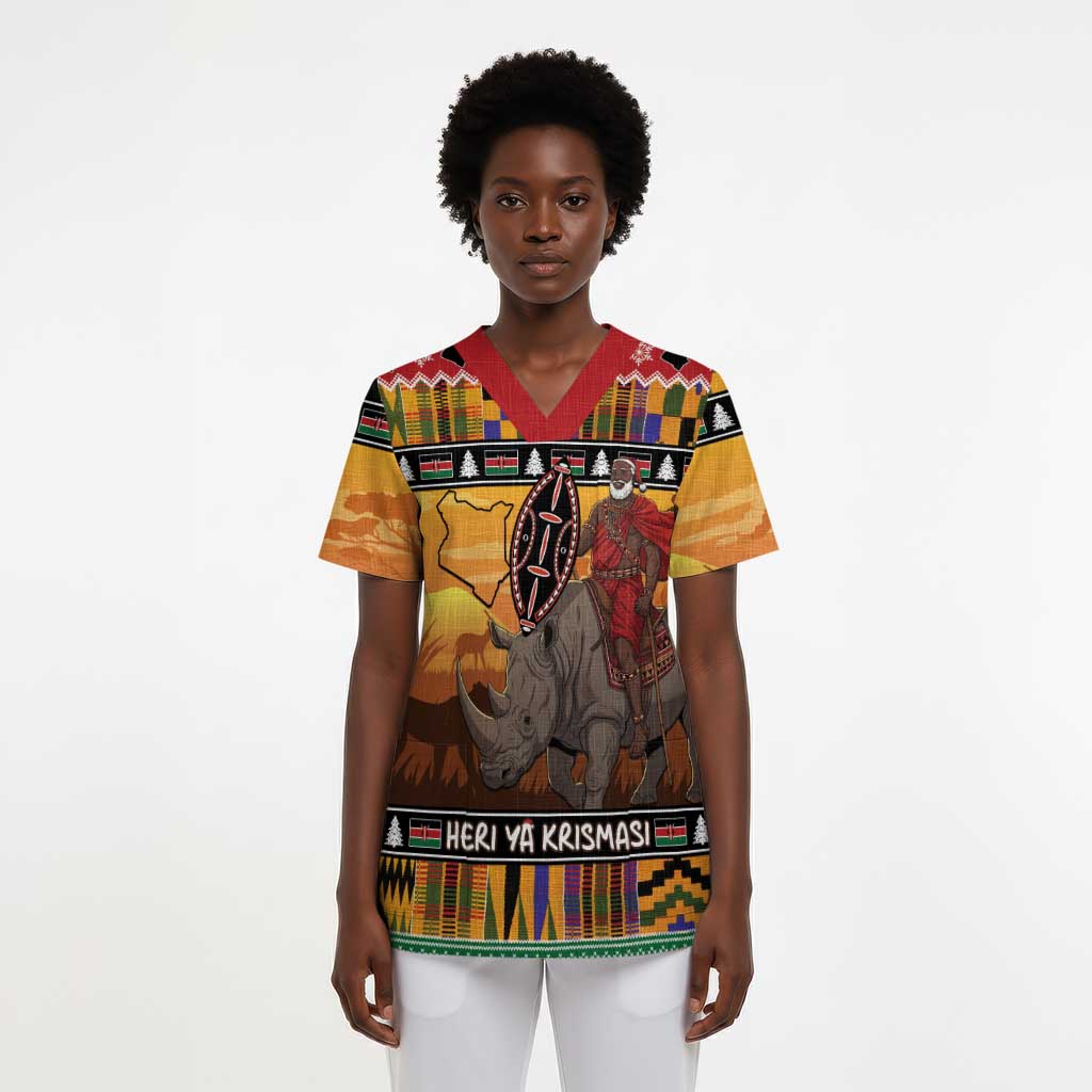 Kenya Safari Christmas Scrub Top Black Santa Riding Rhinoceros - Heri ya Krismasi - African Pride