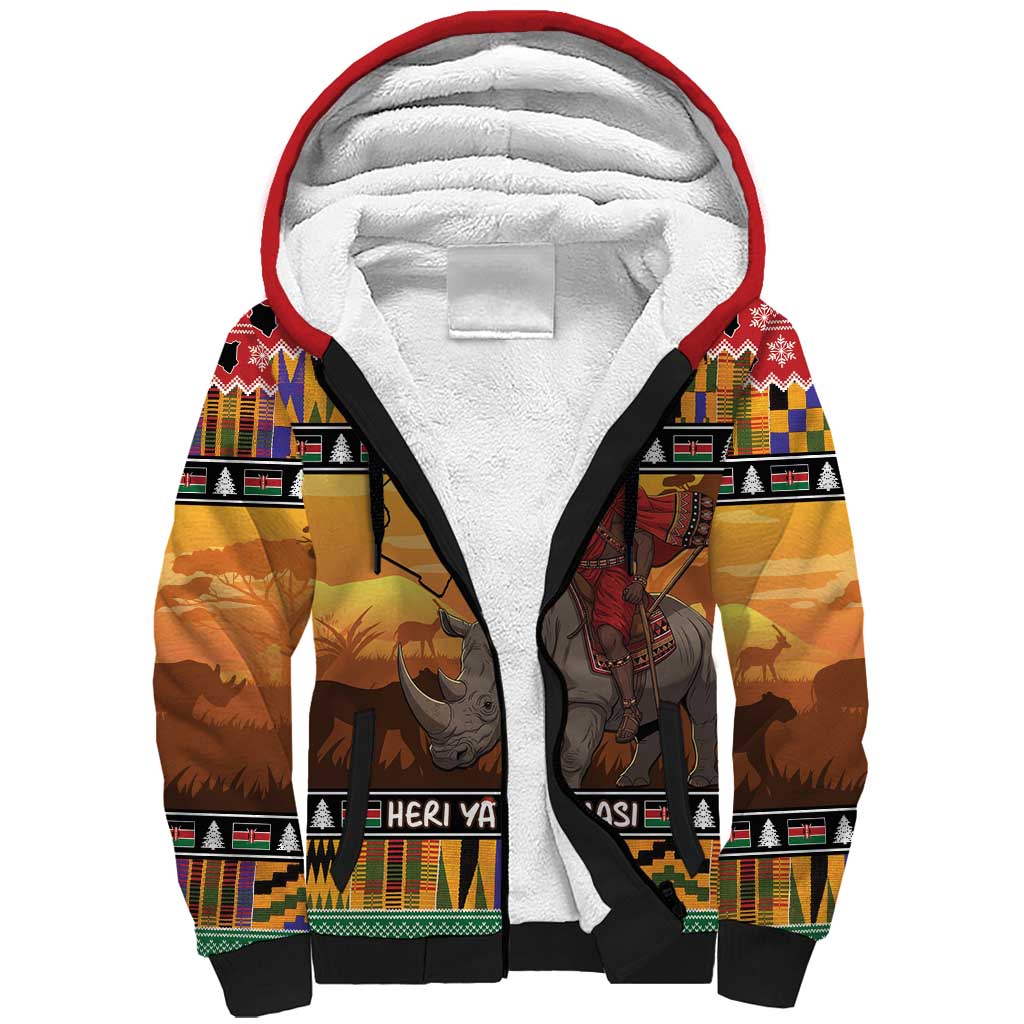 Afro Christmas in Kenya Safari Sherpa Hoodie Black Santa Riding Rhinoceros - African Pride