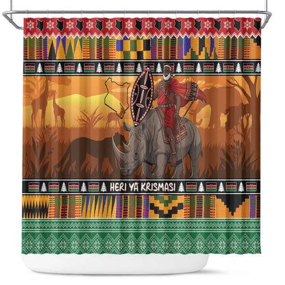 Afro Christmas in Kenya Safari Shower Curtain Black Santa Riding Rhinoceros - African Pride