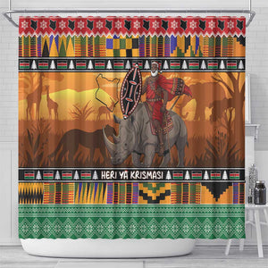 Afro Christmas in Kenya Safari Shower Curtain Black Santa Riding Rhinoceros - African Pride