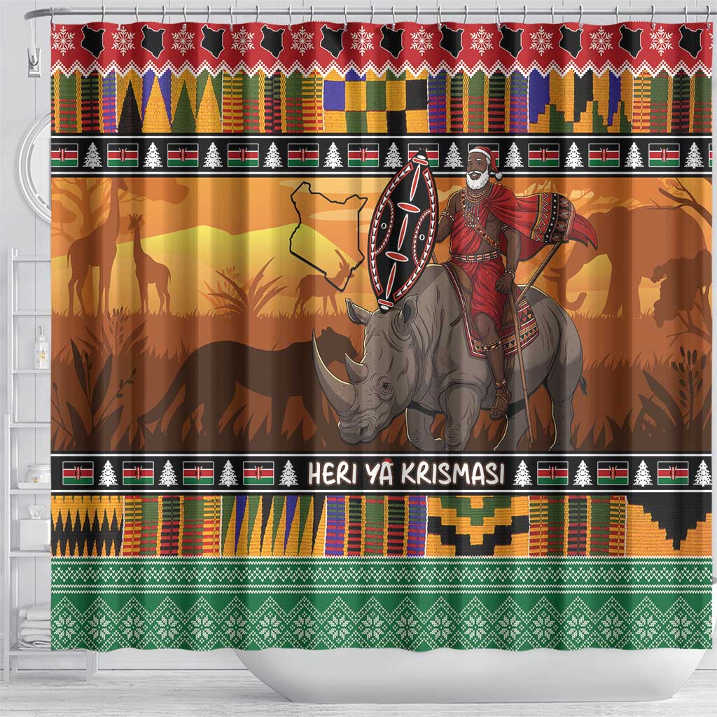 Afro Christmas in Kenya Safari Shower Curtain Black Santa Riding Rhinoceros - African Pride