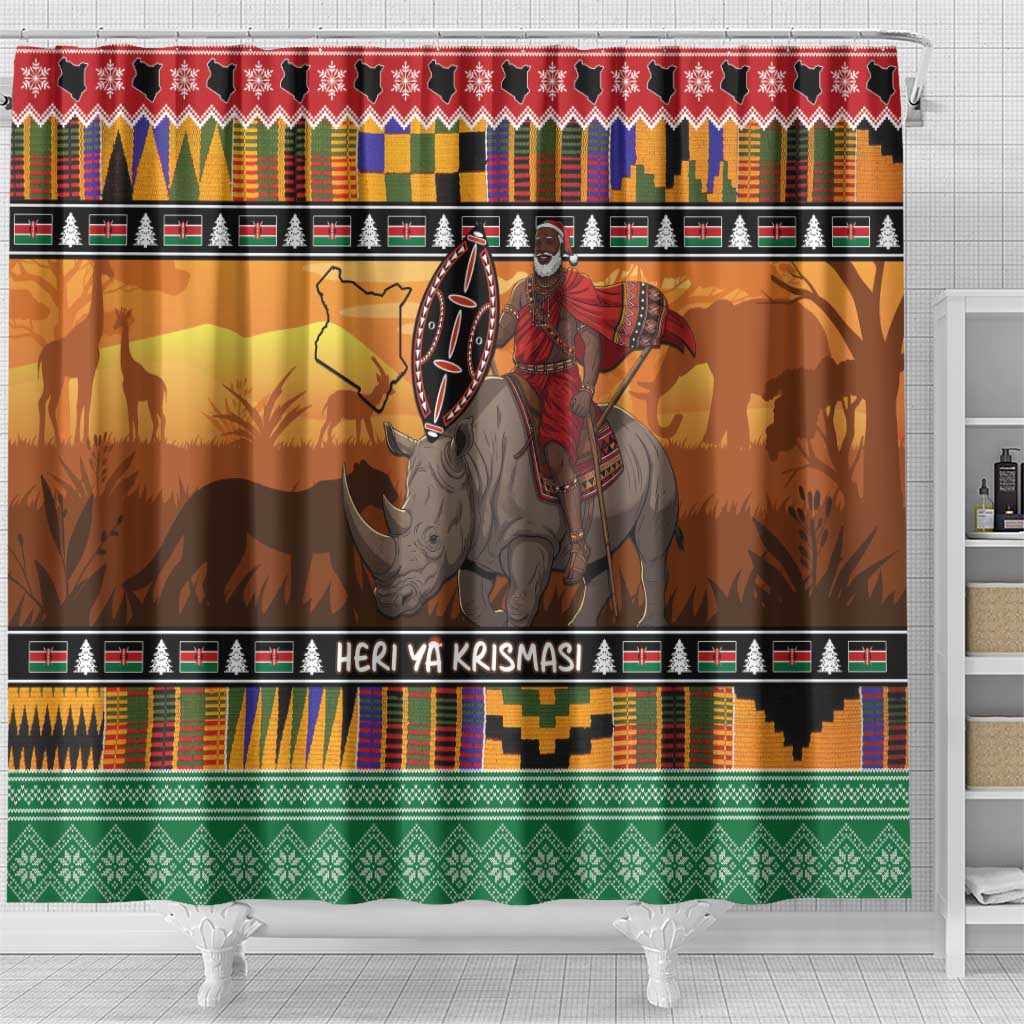 Afro Christmas in Kenya Safari Shower Curtain Black Santa Riding Rhinoceros - African Pride
