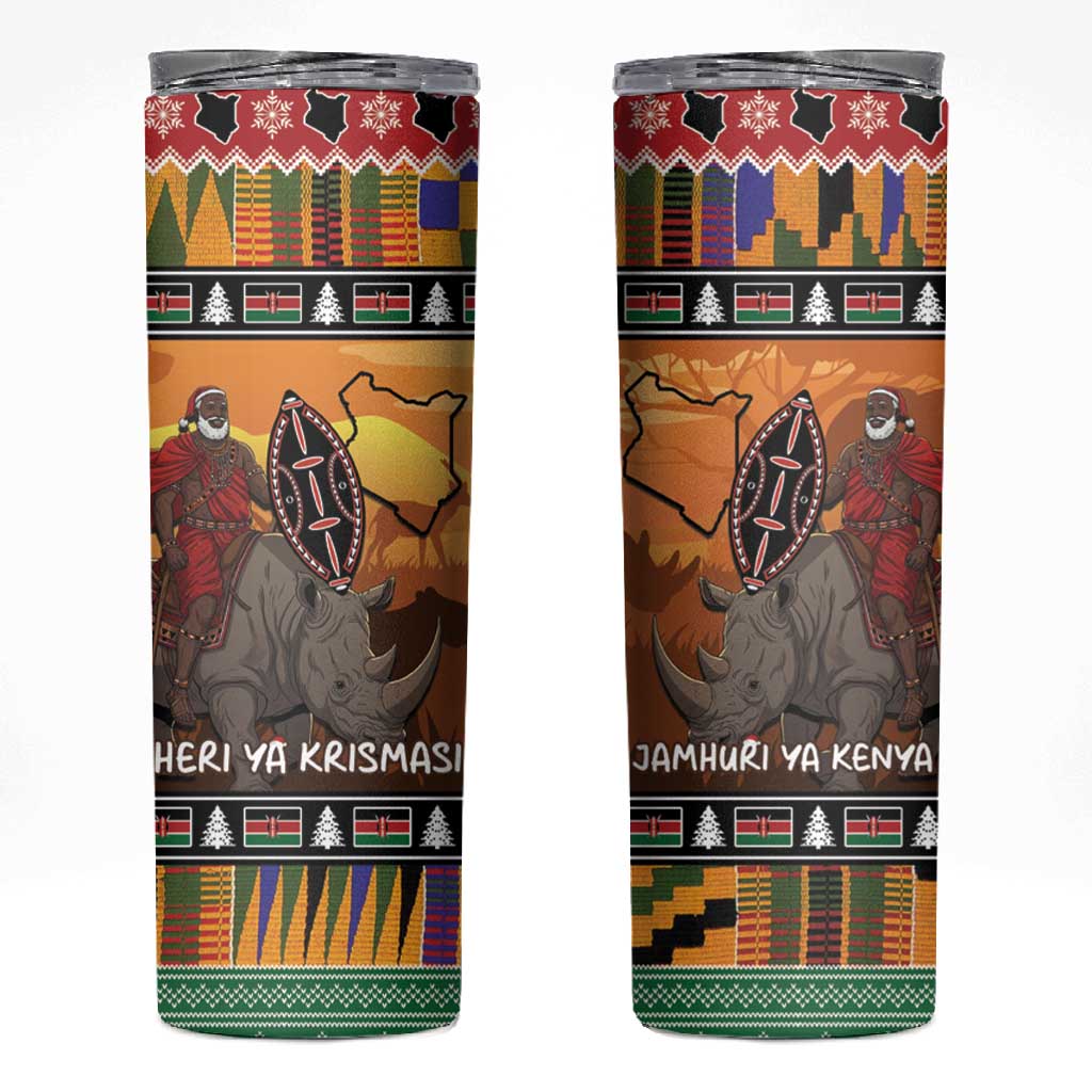 Afro Christmas in Kenya Safari Skinny Tumbler Black Santa Riding Rhinoceros - African Pride