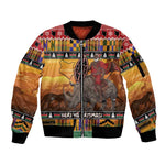 Afro Christmas in Kenya Safari Sleeve Zip Bomber Jacket Black Santa Riding Rhinoceros - African Pride