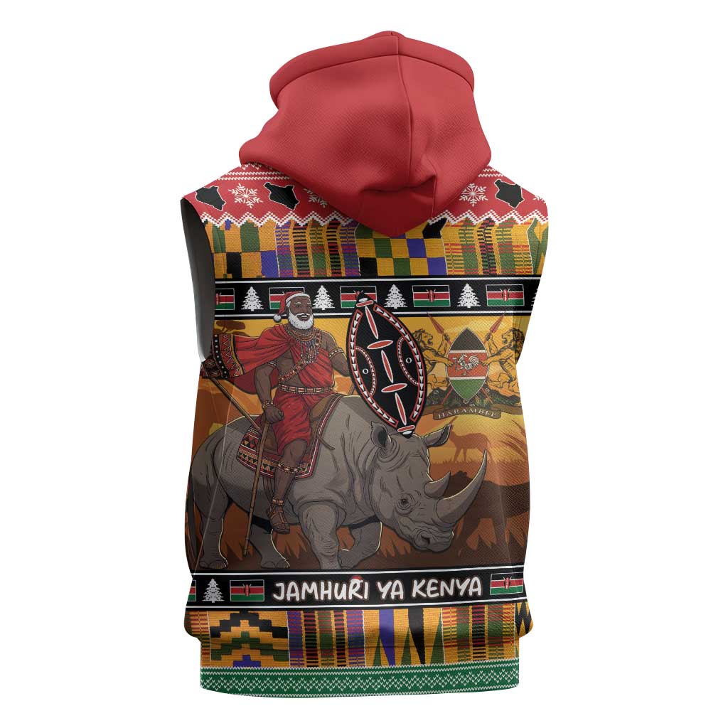 Afro Christmas in Kenya Safari Sleeveless Hoodie Black Santa Riding Rhinoceros - African Pride
