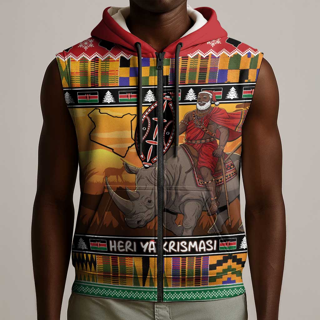 Afro Christmas in Kenya Safari Sleeveless Zip Hoodie Black Santa Riding Rhinoceros - African Pride