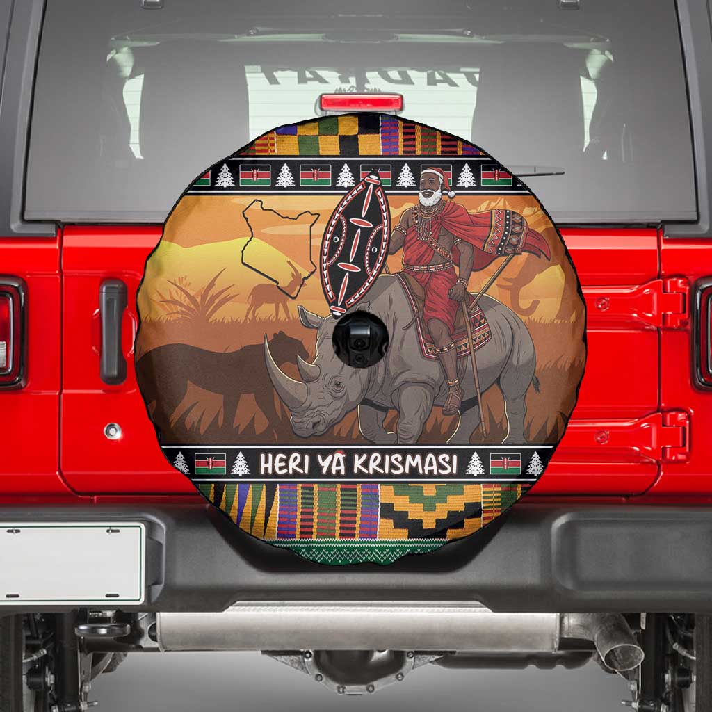 Afro Christmas in Kenya Safari Spare Tire Cover Black Santa Riding Rhinoceros - African Pride