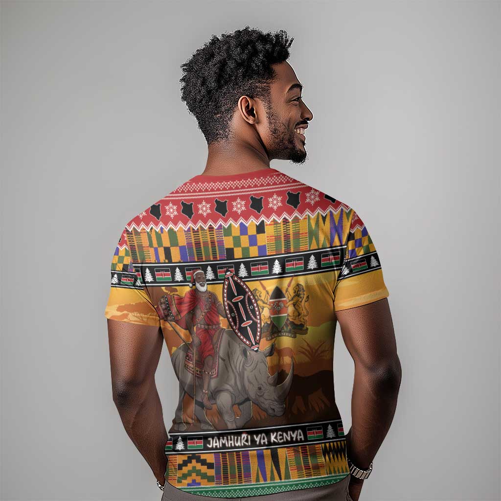 Afro Christmas in Kenya Safari T shirt Black Santa Riding Rhinoceros - African Pride