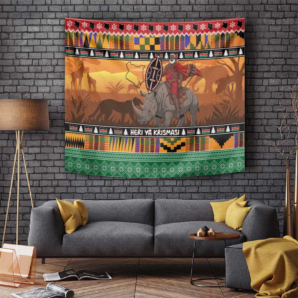 Afro Christmas in Kenya Safari Tapestry Black Santa Riding Rhinoceros - African Pride