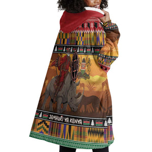 Afro Christmas in Kenya Safari Wearable Blanket Hoodie Black Santa Riding Rhinoceros - African Pride