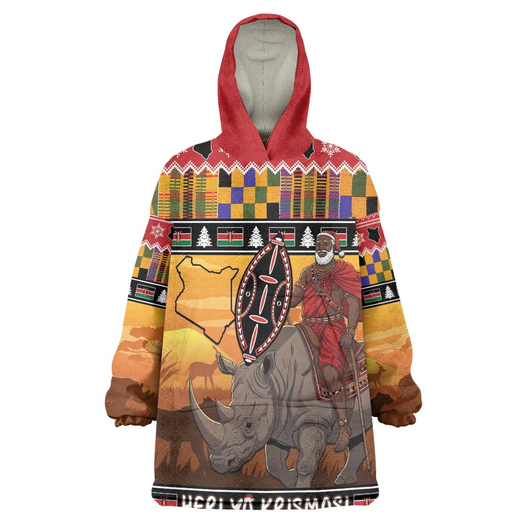 Afro Christmas in Kenya Safari Wearable Blanket Hoodie Black Santa Riding Rhinoceros - African Pride