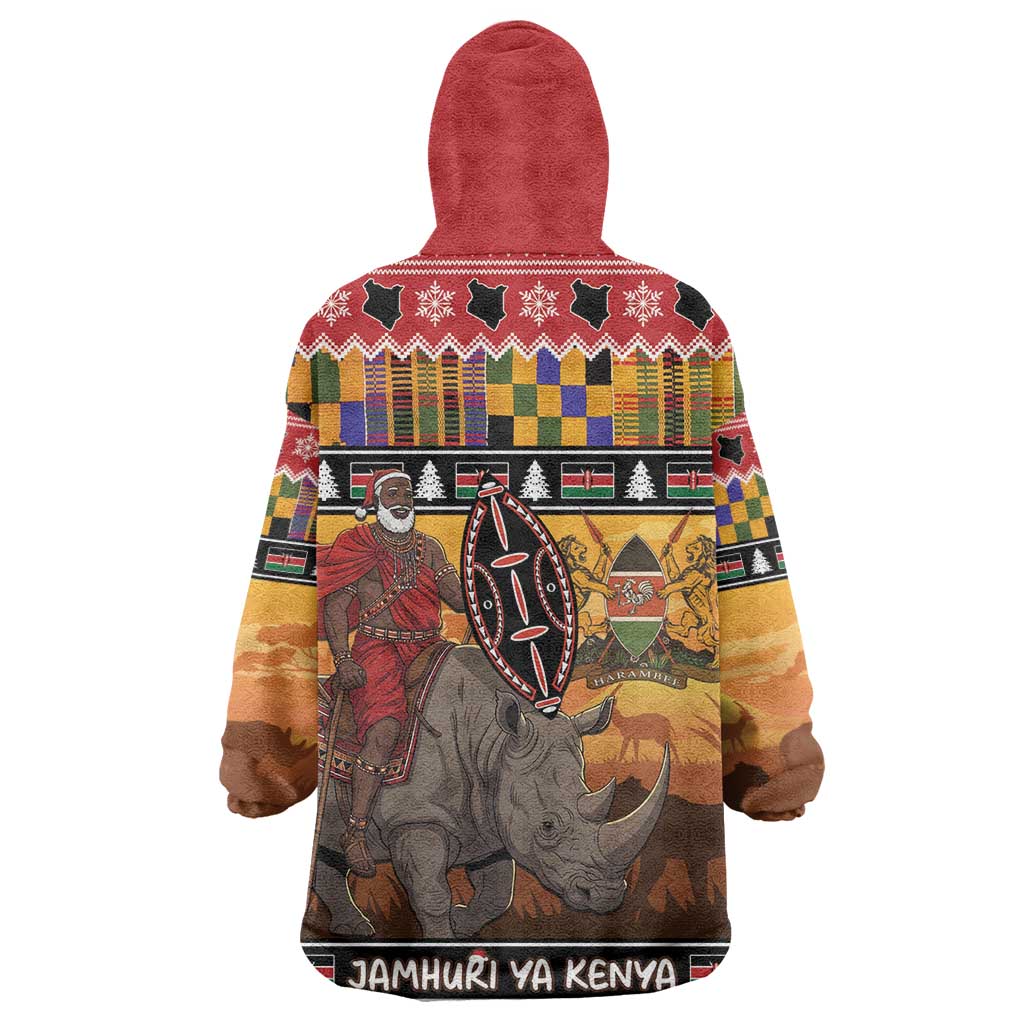 Afro Christmas in Kenya Safari Wearable Blanket Hoodie Black Santa Riding Rhinoceros - African Pride