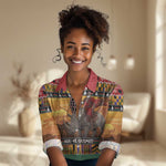 Afro Christmas in Kenya Safari Women Casual Shirt Black Santa Riding Rhinoceros - African Pride