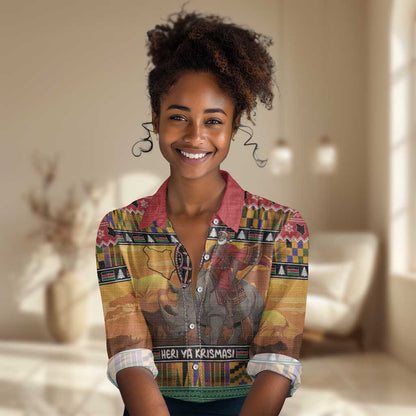 Afro Christmas in Kenya Safari Women Casual Shirt Black Santa Riding Rhinoceros - African Pride