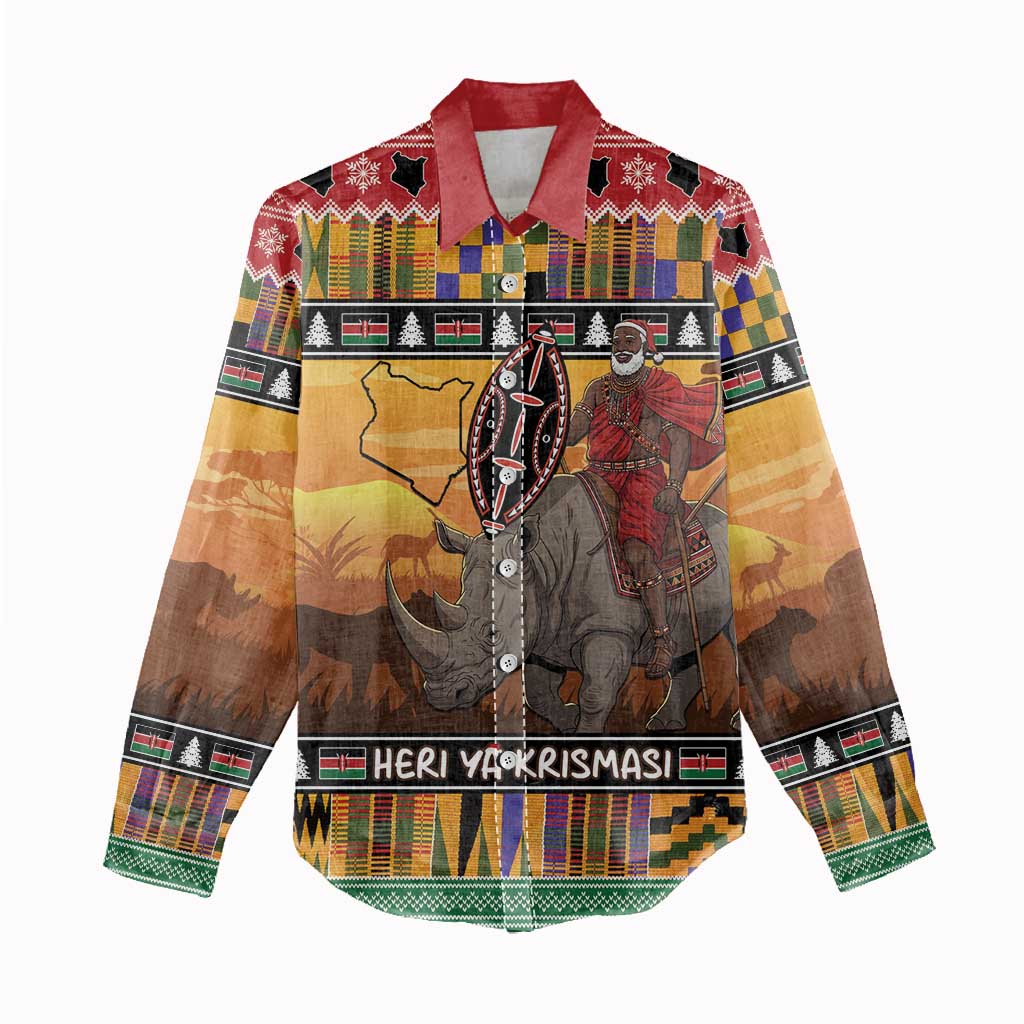 Afro Christmas in Kenya Safari Women Casual Shirt Black Santa Riding Rhinoceros - African Pride
