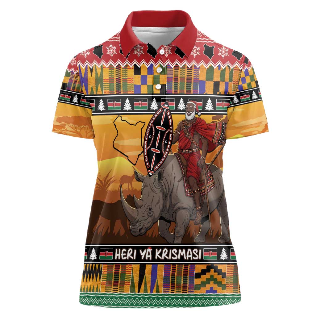 Afro Christmas in Kenya Safari Women Polo Shirt Black Santa Riding Rhinoceros - African Pride