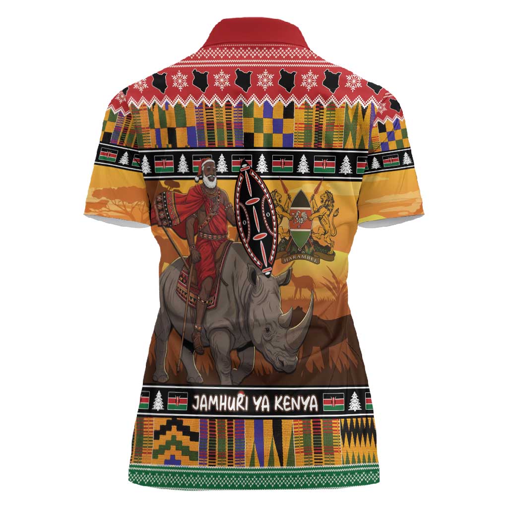 Afro Christmas in Kenya Safari Women Polo Shirt Black Santa Riding Rhinoceros - African Pride