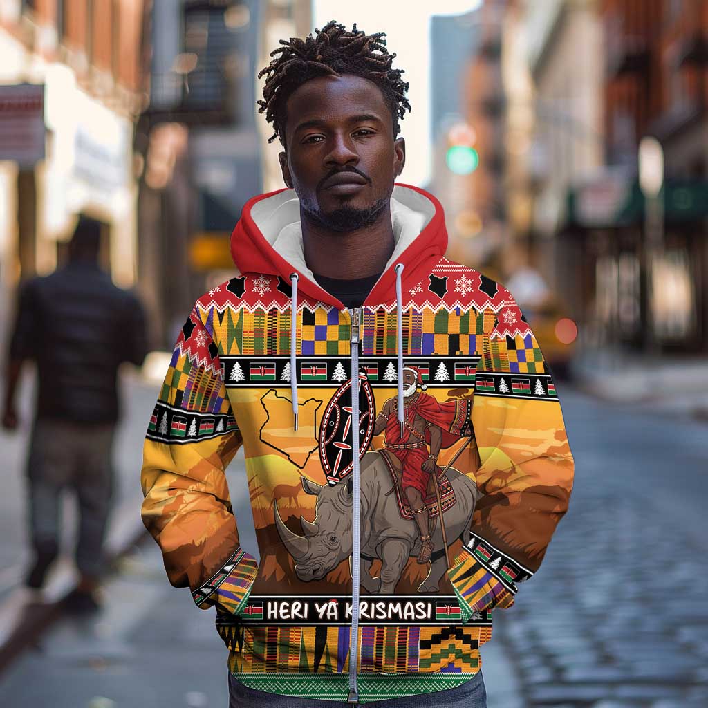 Afro Christmas in Kenya Safari Zip Hoodie Black Santa Riding Rhinoceros - African Pride