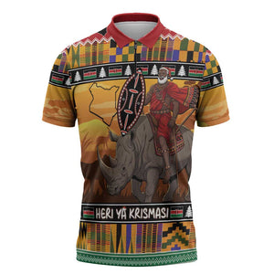 Kenya Safari Christmas Zipper Polo Shirt Black Santa Riding Rhinoceros - Heri ya Krismasi