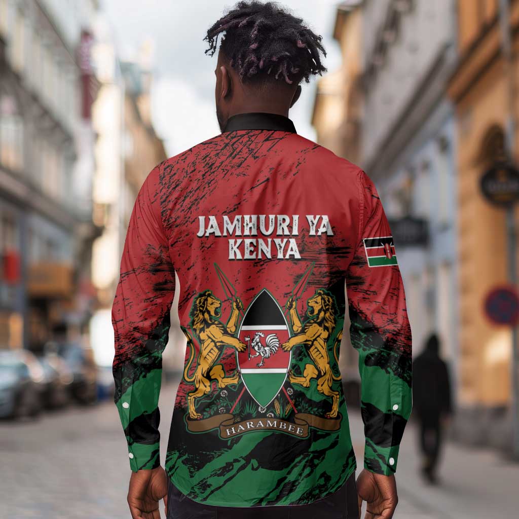 Jamhuri Ya Kenya Long Sleeve Button Shirt African Lion - Coat Of Arms