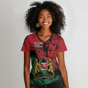 Jamhuri Ya Kenya Women V-Neck T-Shirt African Lion - Coat Of Arms