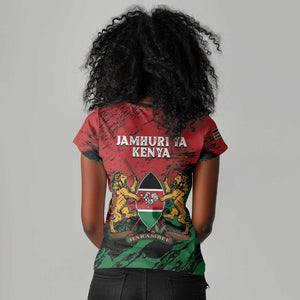 Jamhuri Ya Kenya Women V-Neck T-Shirt African Lion - Coat Of Arms