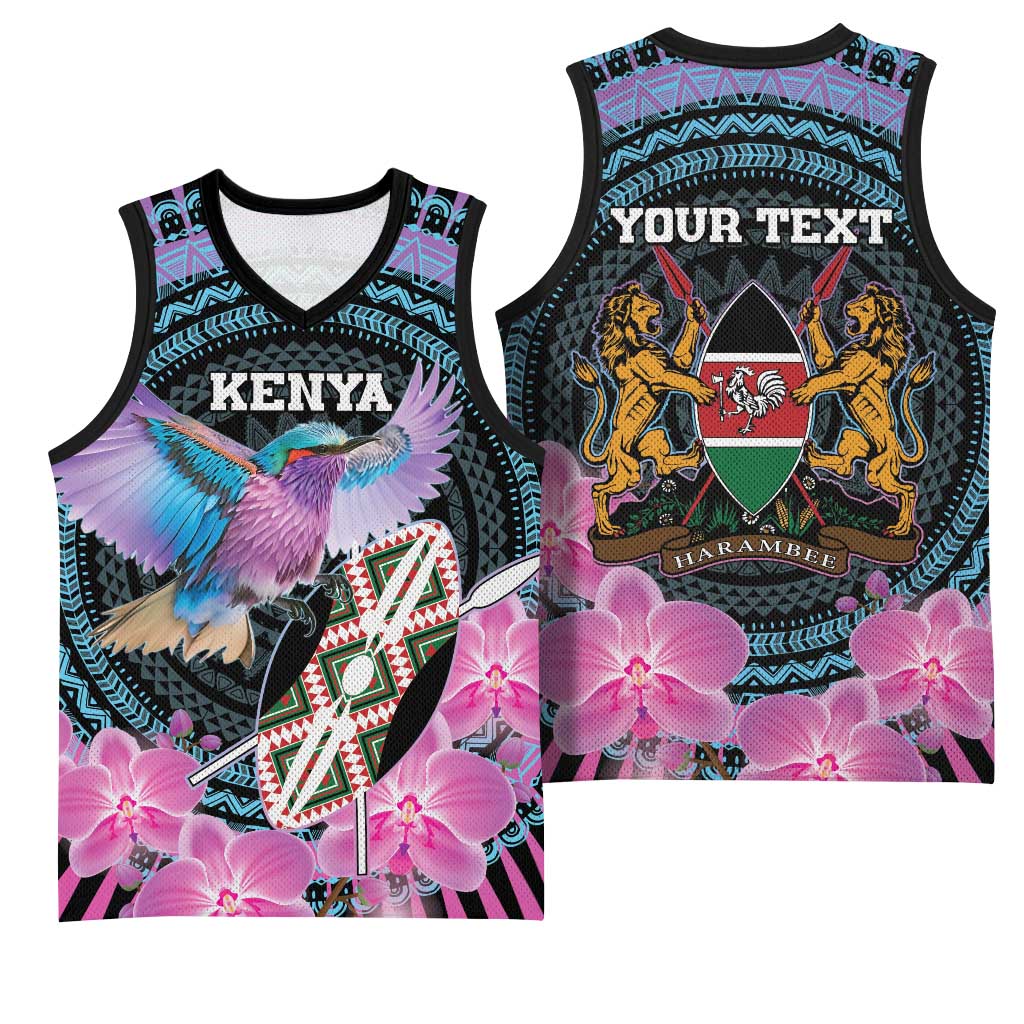 Personalised Kenya Lilac Breasted Roller Basketball Jersey Orchid Flower - African Pattern LT15