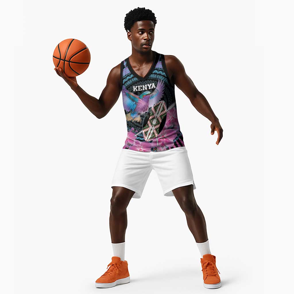 Personalised Kenya Lilac Breasted Roller Basketball Jersey Orchid Flower - African Pattern LT15