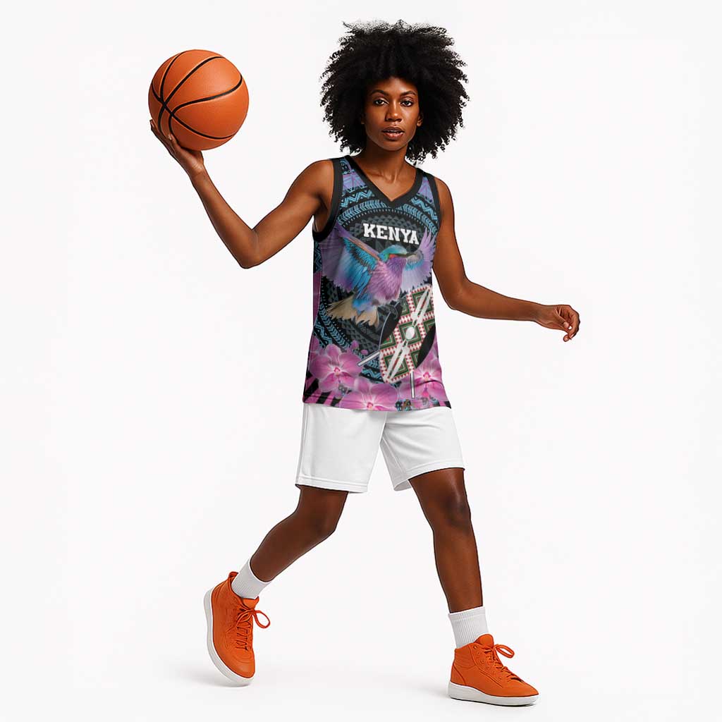 Personalised Kenya Lilac Breasted Roller Basketball Jersey Orchid Flower - African Pattern LT15