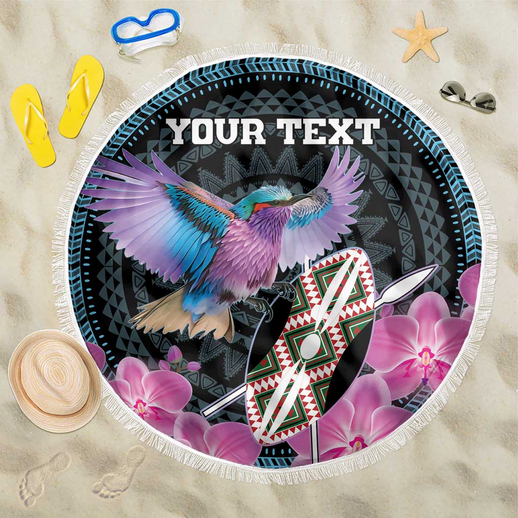 Personalised Kenya Lilac Breasted Roller Beach Blanket Orchid Flower - African Pattern