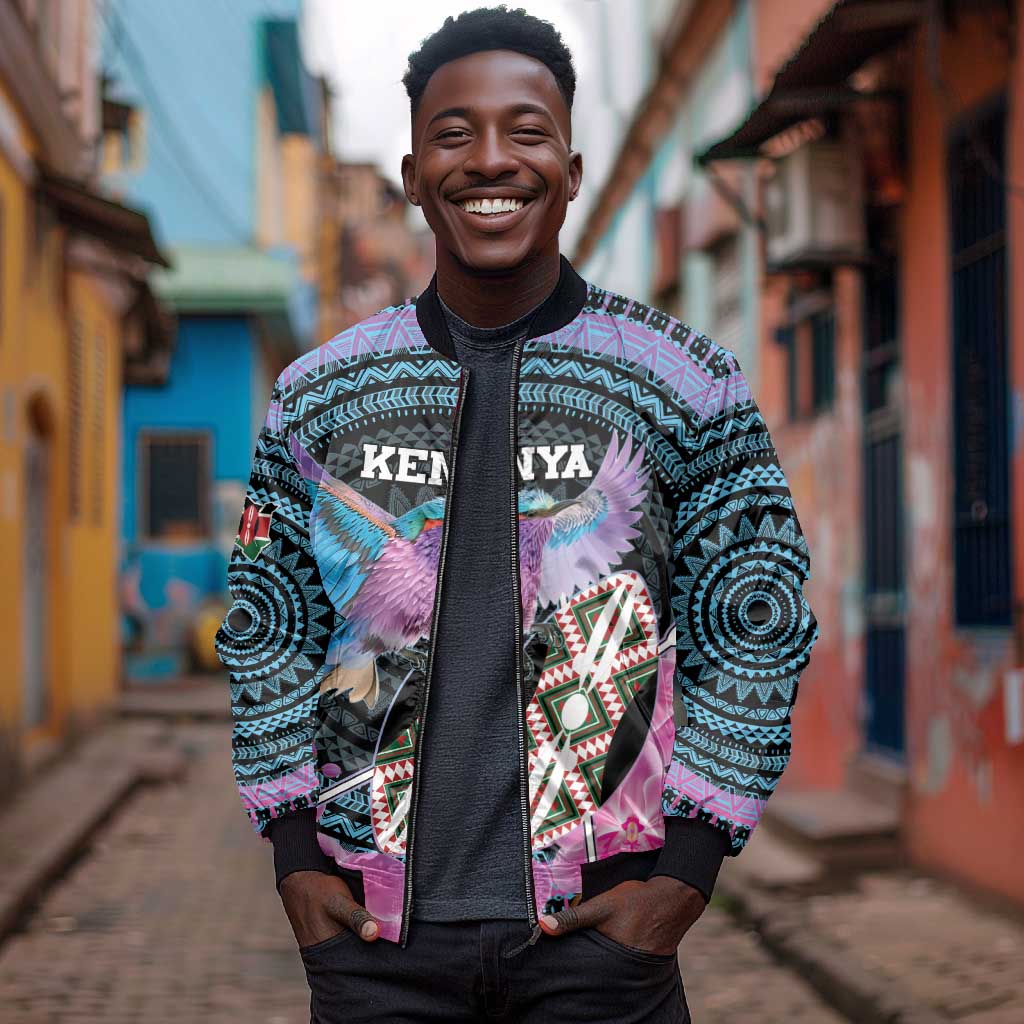 Personalised Kenya Lilac Breasted Roller Bomber Jacket Orchid Flower - African Pattern