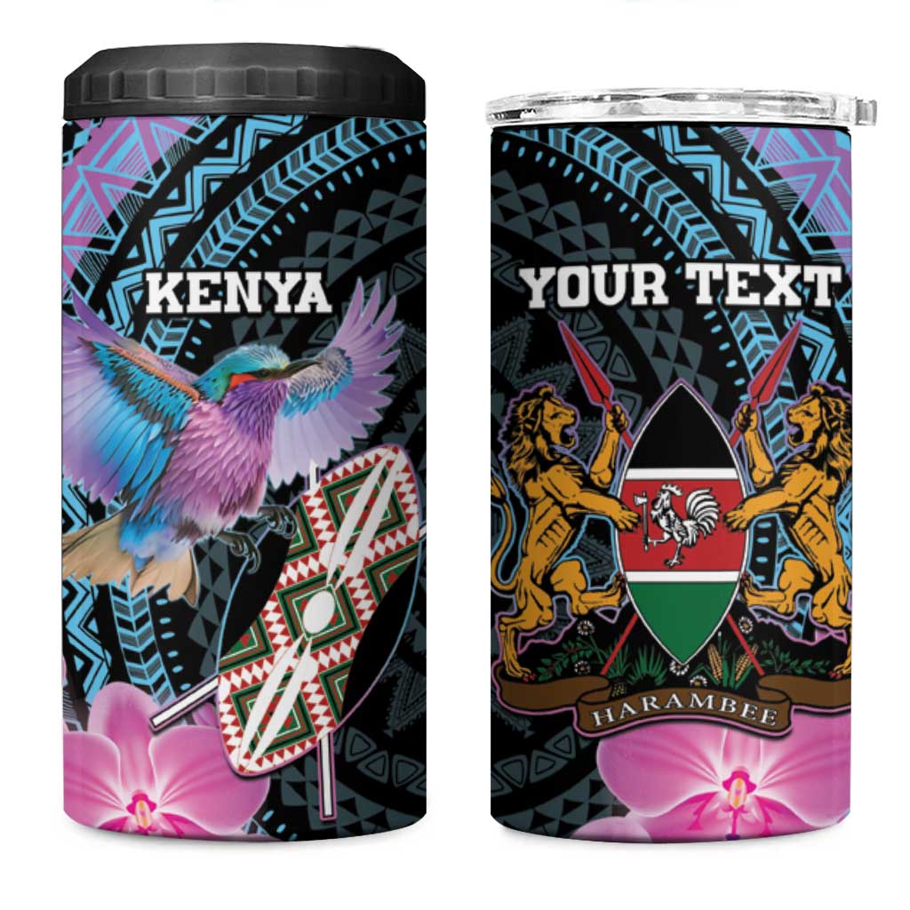 Personalised Kenya Lilac Breasted Roller 4 in 1 Can Cooler Tumbler Orchid Flower - African Pattern