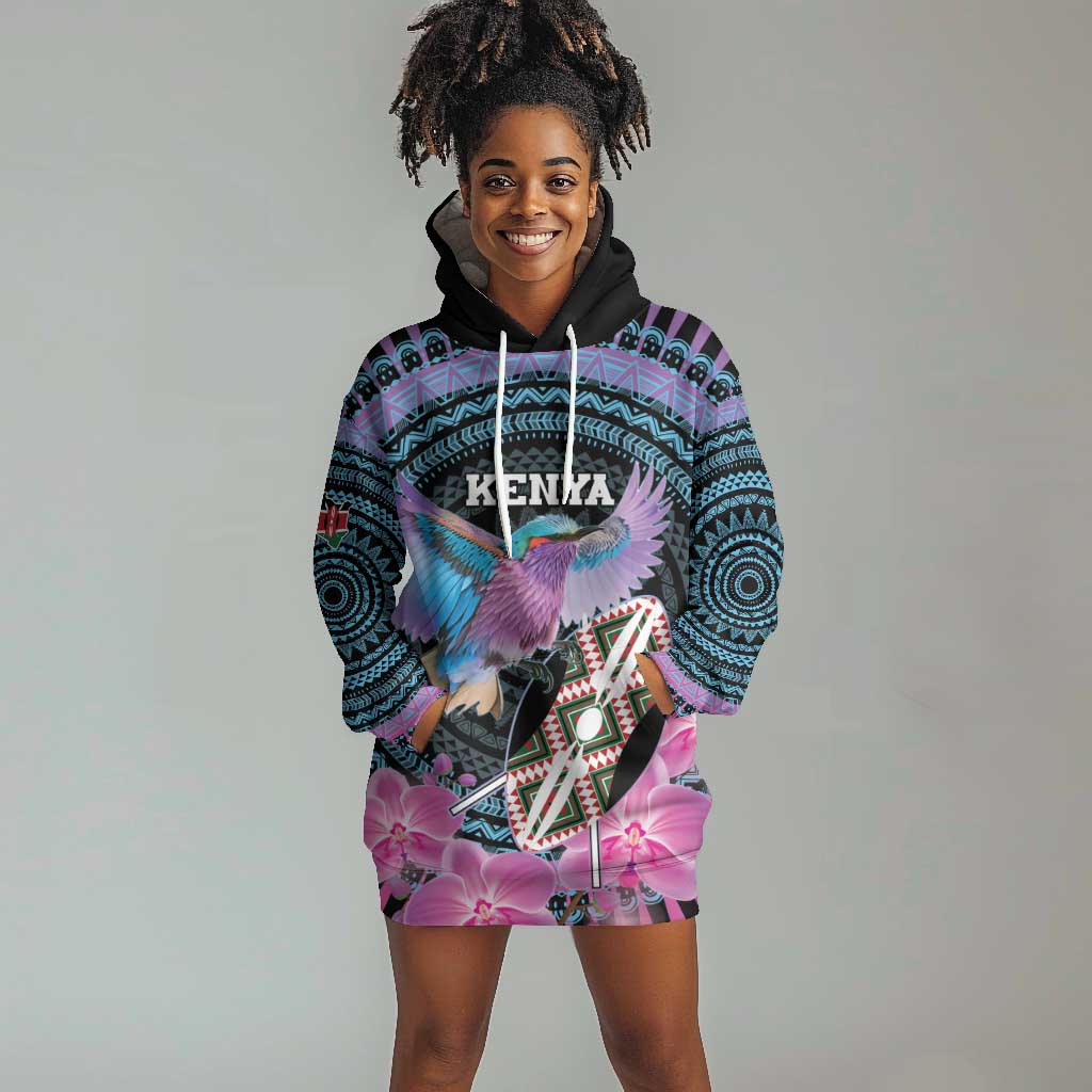 Personalised Kenya Lilac Breasted Roller Hoodie Dress Orchid Flower - African Pattern