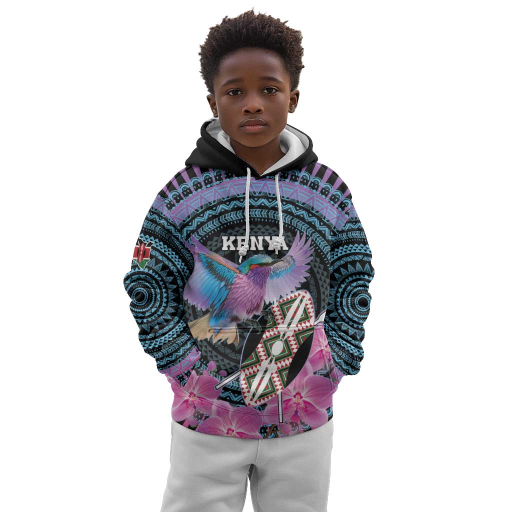 Personalised Kenya Lilac Breasted Roller Kid Hoodie Orchid Flower - African Pattern