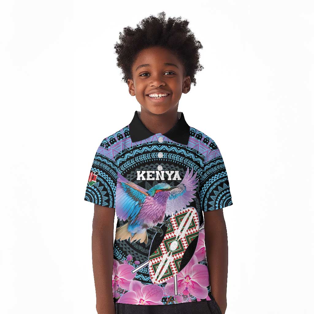 Personalised Kenya Lilac Breasted Roller Kid Polo Shirt Orchid Flower - African Pattern