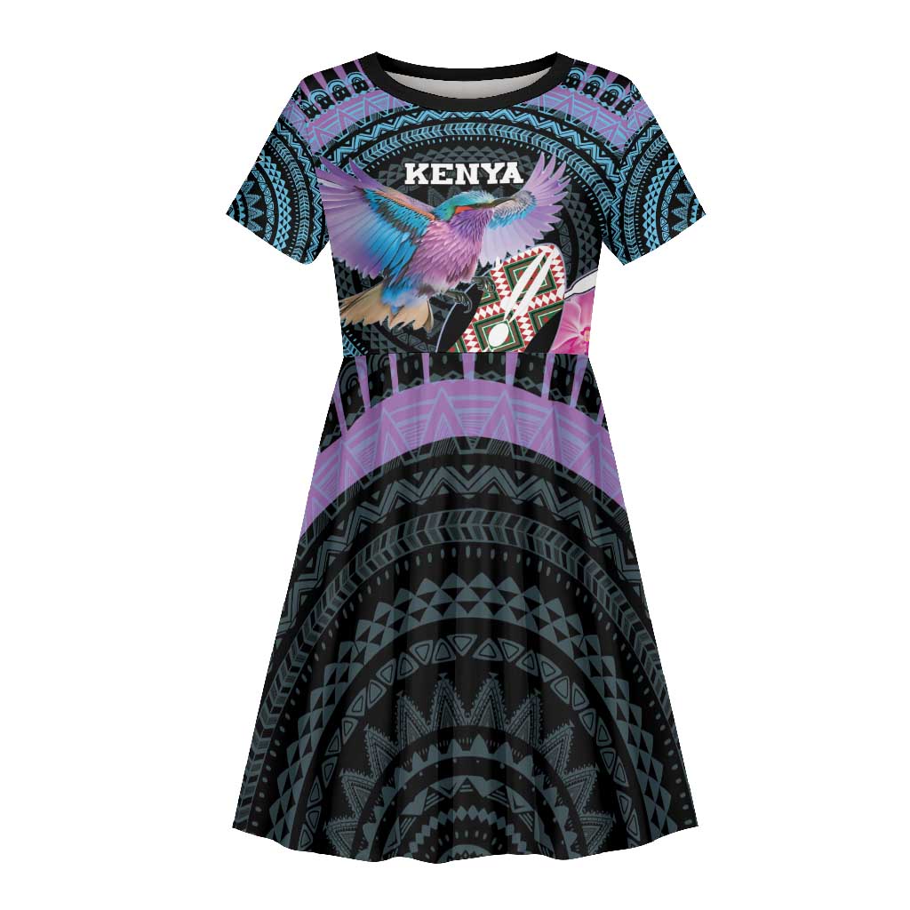 Personalised Kenya Lilac Breasted Roller Kid Short Sleeve Dress Orchid Flower - African Pattern