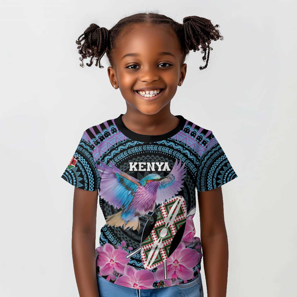 Personalised Kenya Lilac Breasted Roller Kid T shirt Orchid Flower - African Pattern