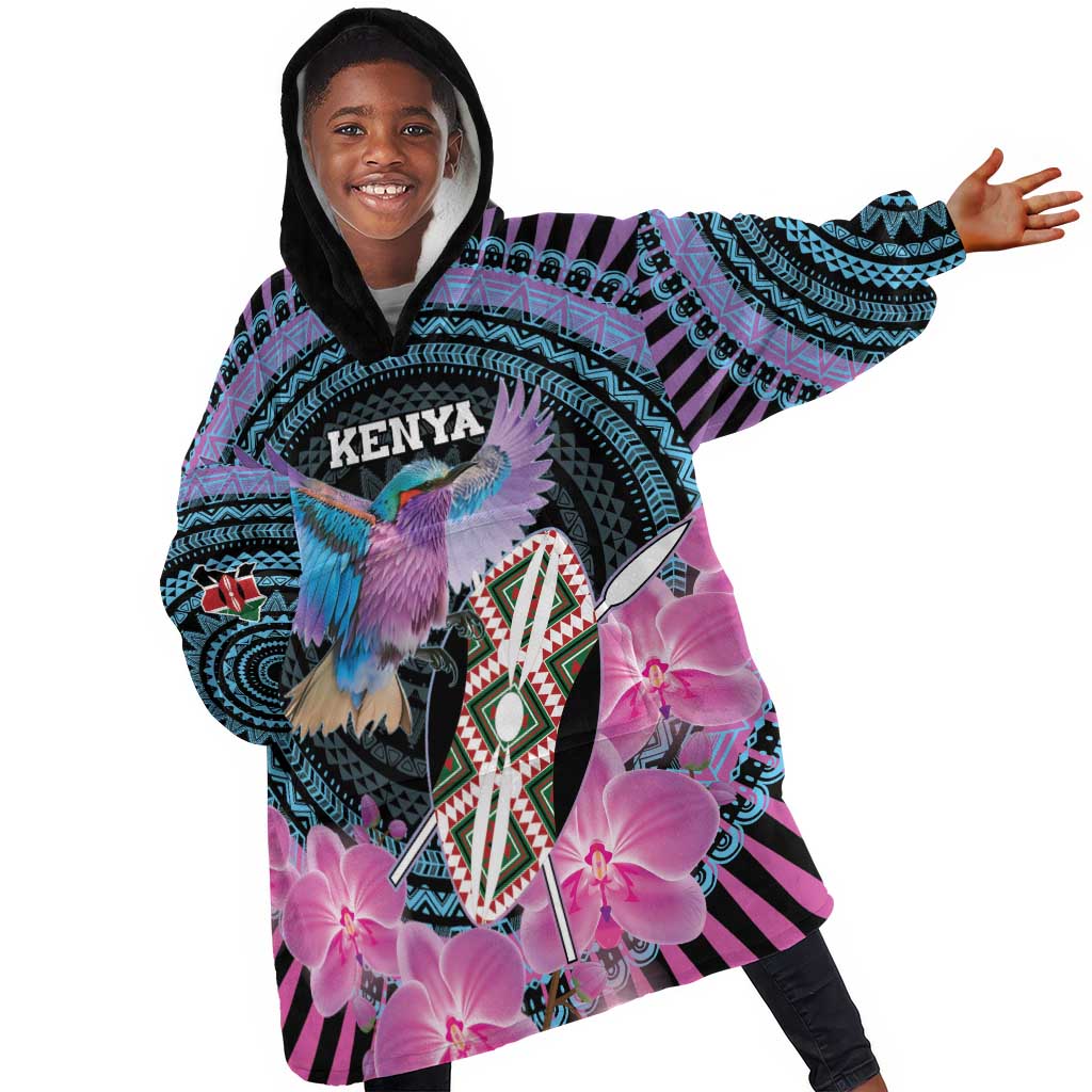 Personalised Kenya Lilac Breasted Roller Kid Wearable Blanket Hoodie Orchid Flower - African Pattern