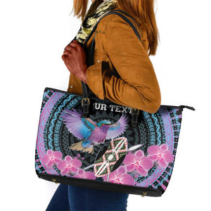 Personalised Kenya Lilac Breasted Roller Leather Tote Bag Orchid Flower - African Pattern