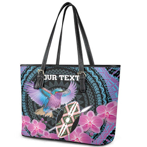 Personalised Kenya Lilac Breasted Roller Leather Tote Bag Orchid Flower - African Pattern